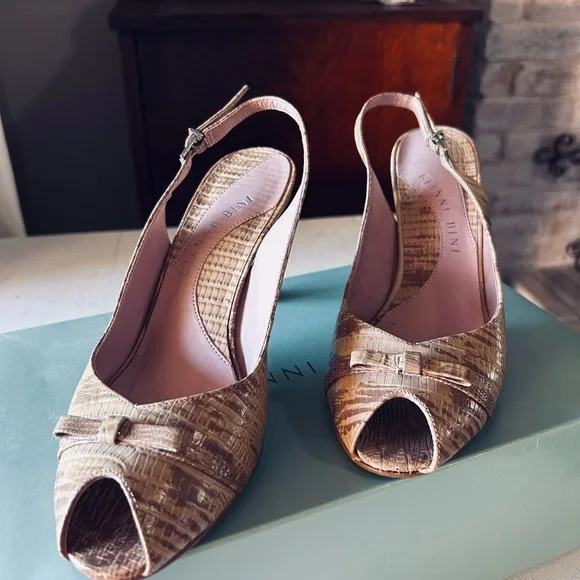 Gianni Bini Tan Woven Peep-Toe Slingback Heels - Picture 1 of 5
